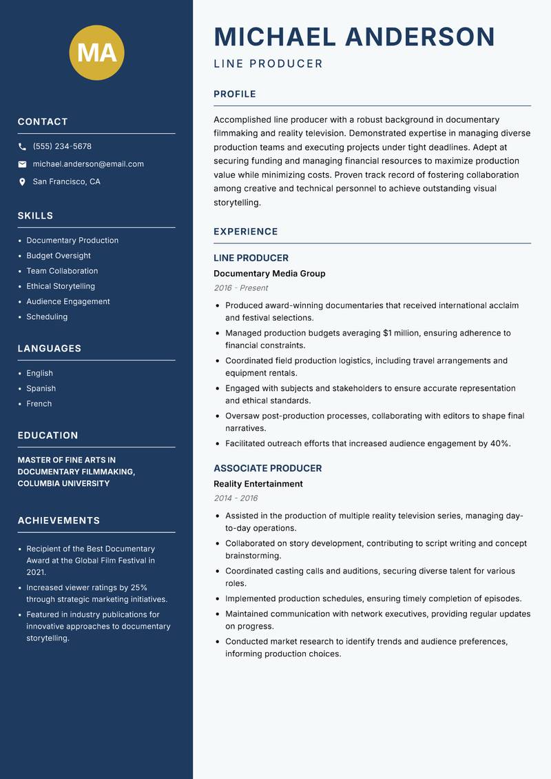 Line Producer resume template — Classic Clean