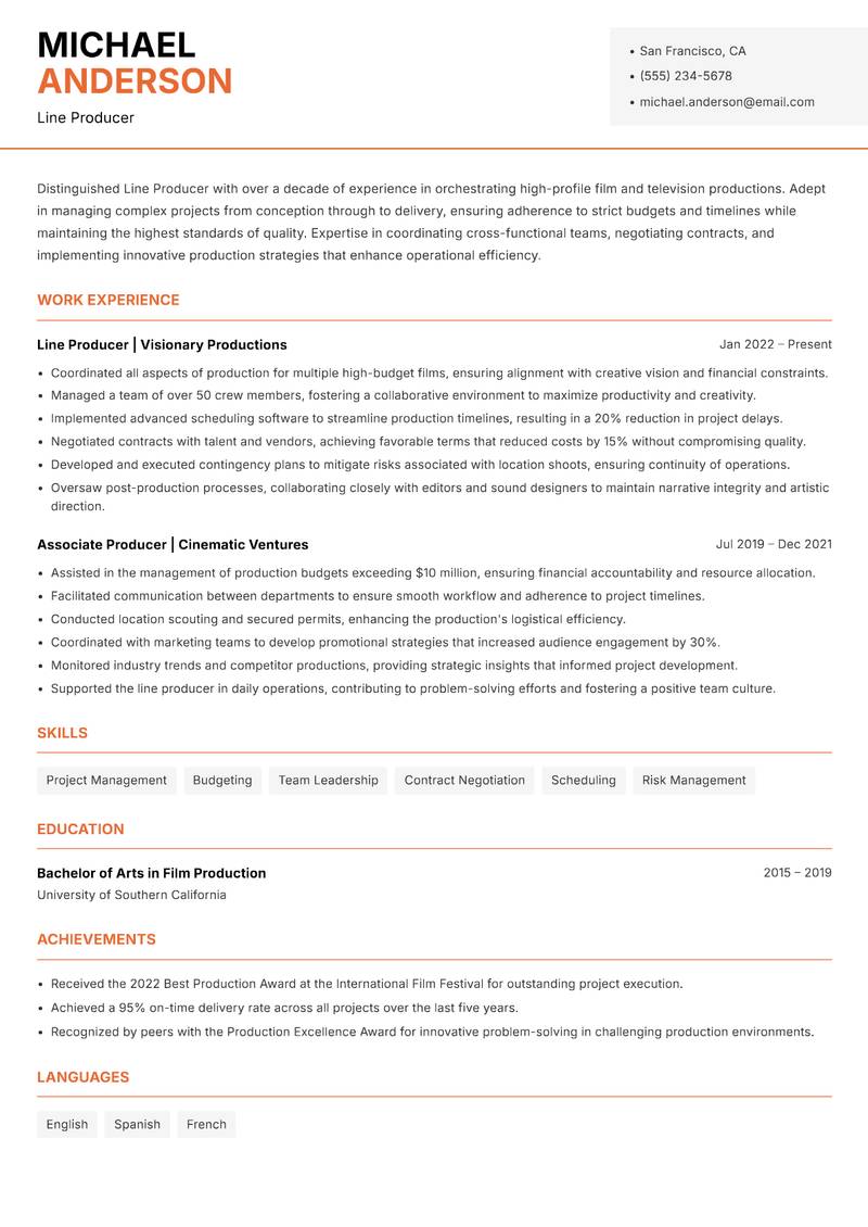 Line Producer resume template — Modern Professional