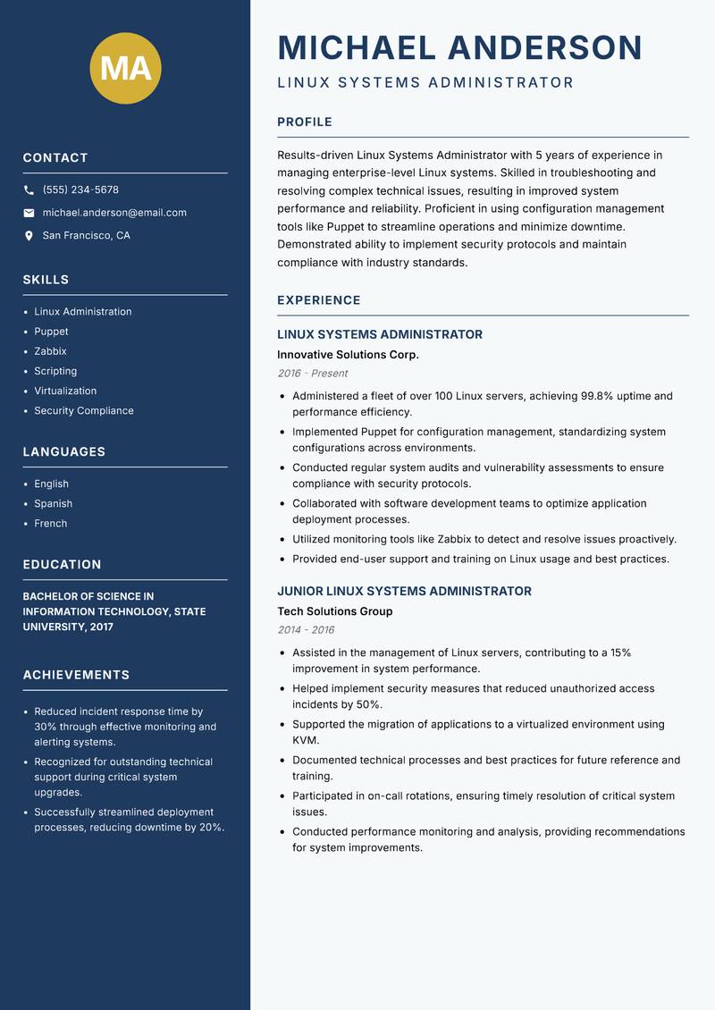 Linux Systems Administrator resume template — Classic Clean