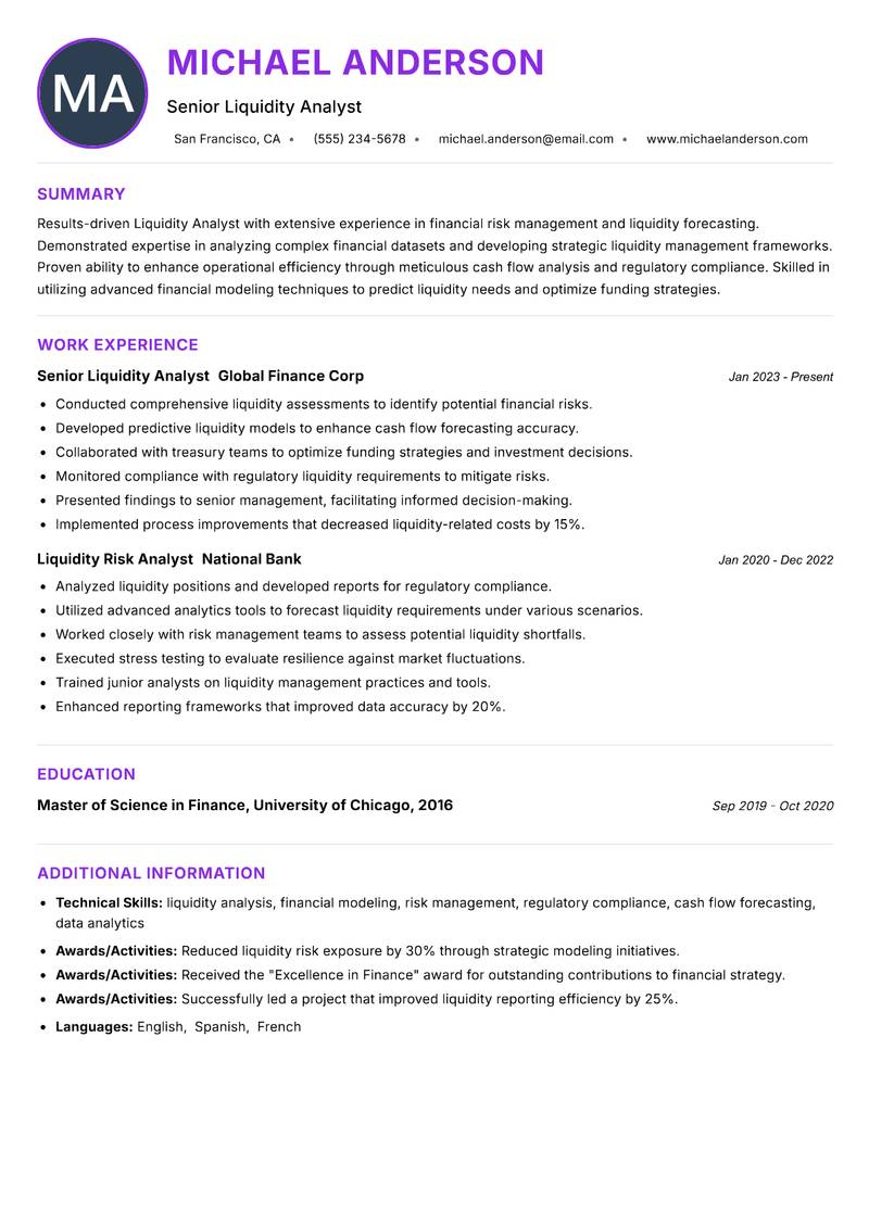 Liquidity Analyst resume example — ATS-friendly template