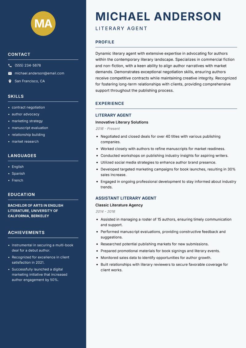 Literary Agent resume template — Classic Clean