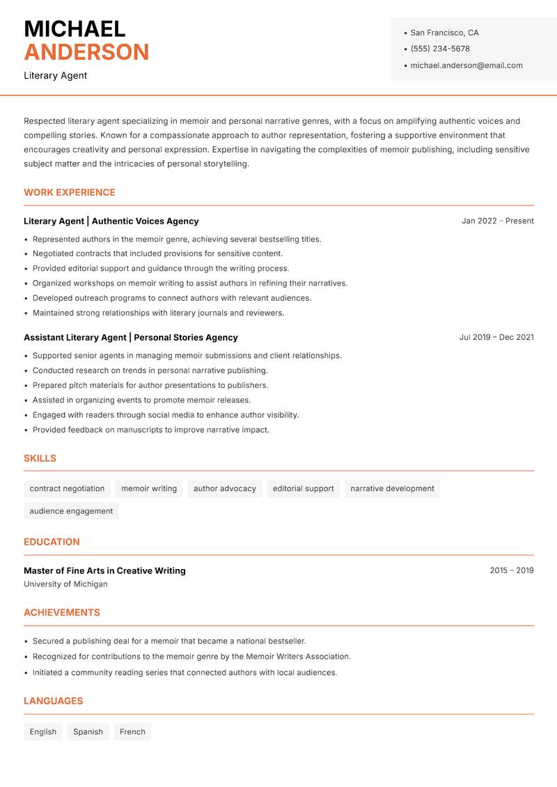 Literary Agent resume template — Modern Professional