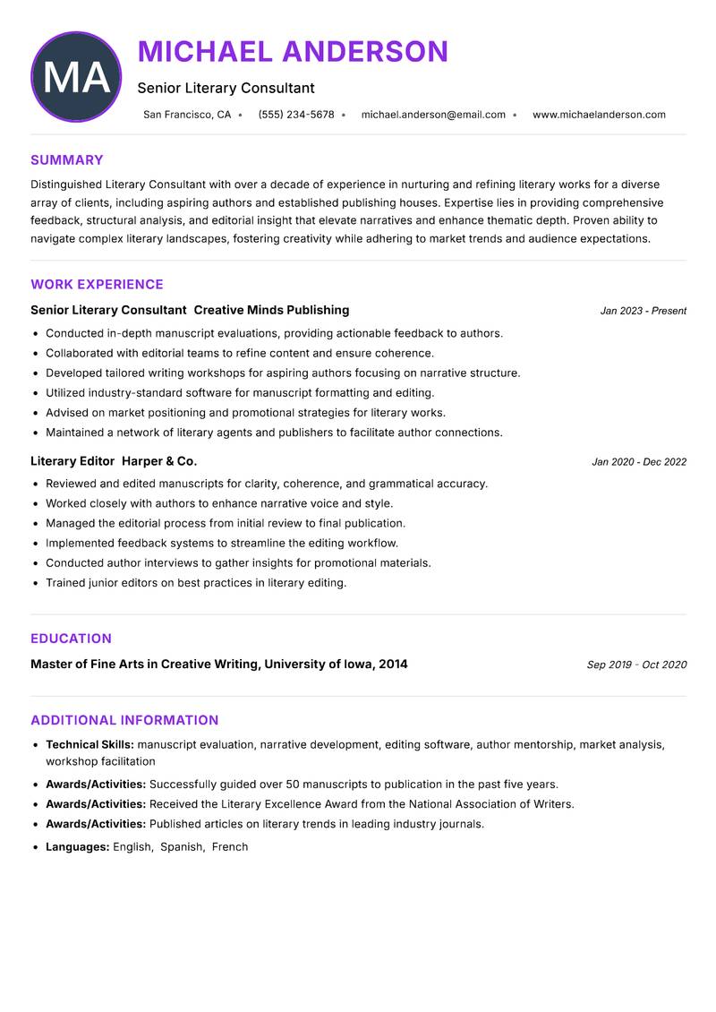 Literary Consultant resume example — ATS-friendly template