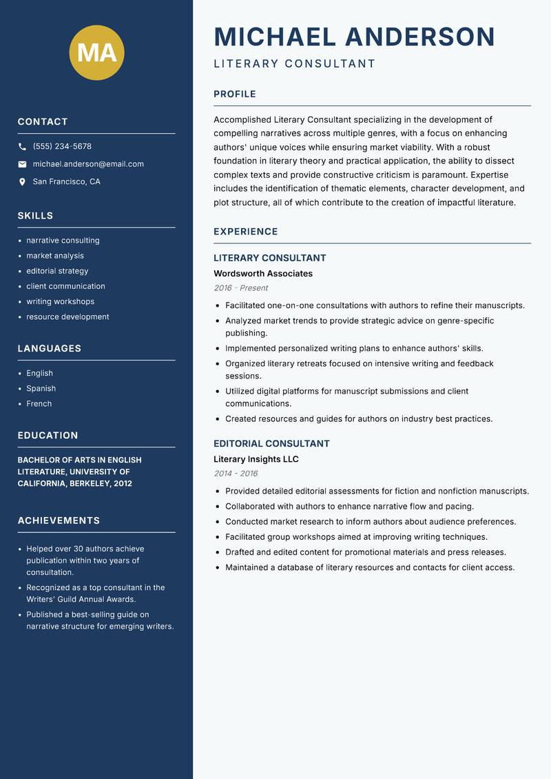 Literary Consultant resume template — Classic Clean