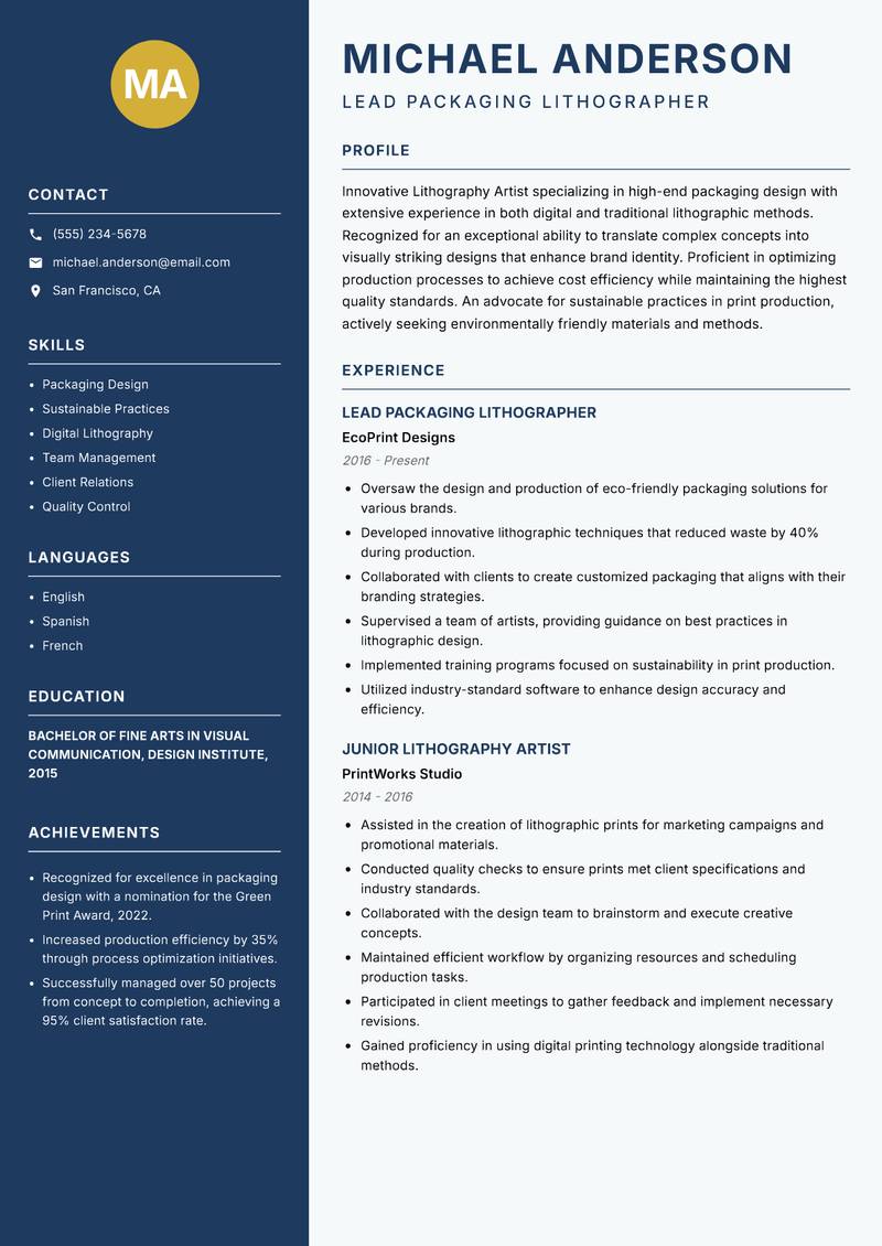 Lithography Artist resume template — Classic Clean