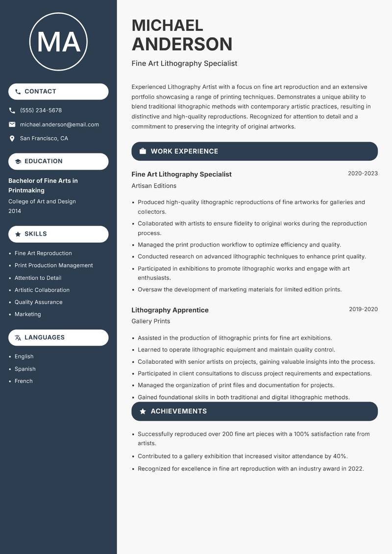 Lithography Artist resume template — Compact