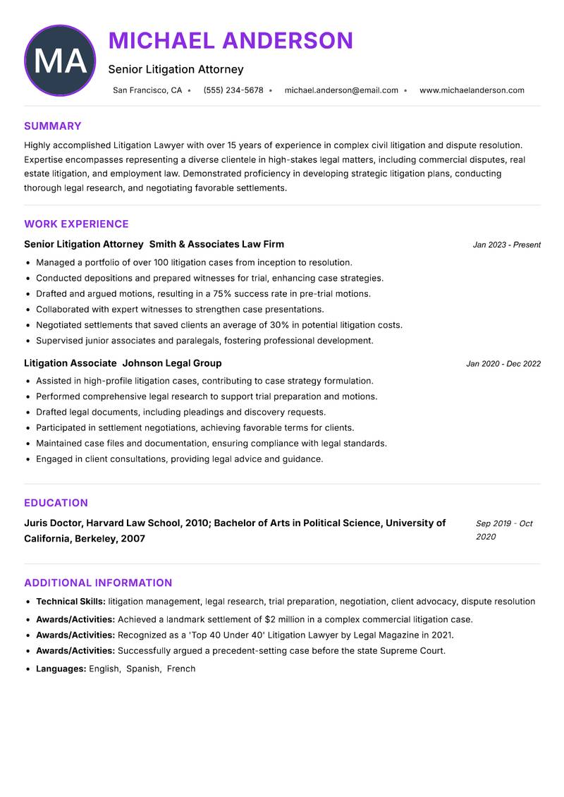 Litigation Lawyer resume example — ATS-friendly template
