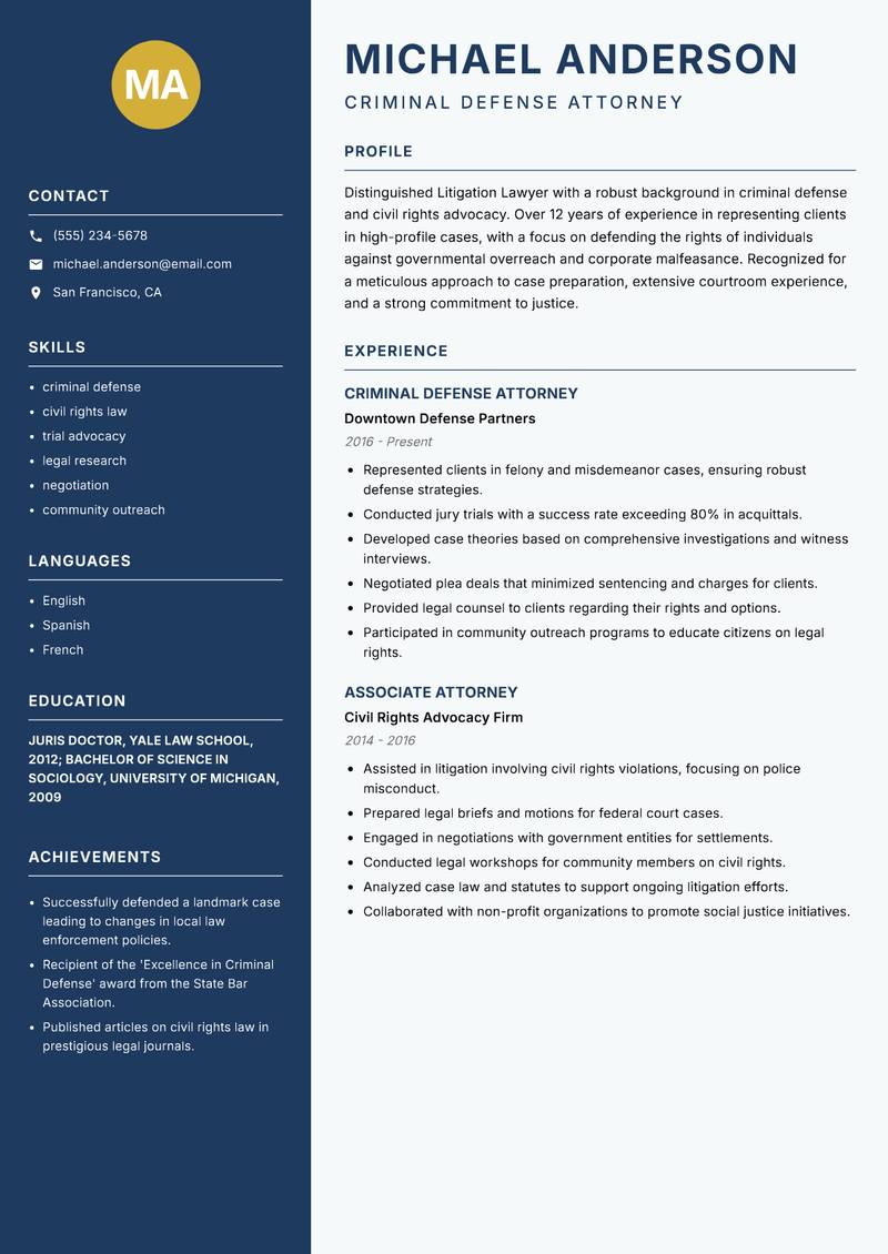 Litigation Lawyer resume template — Classic Clean