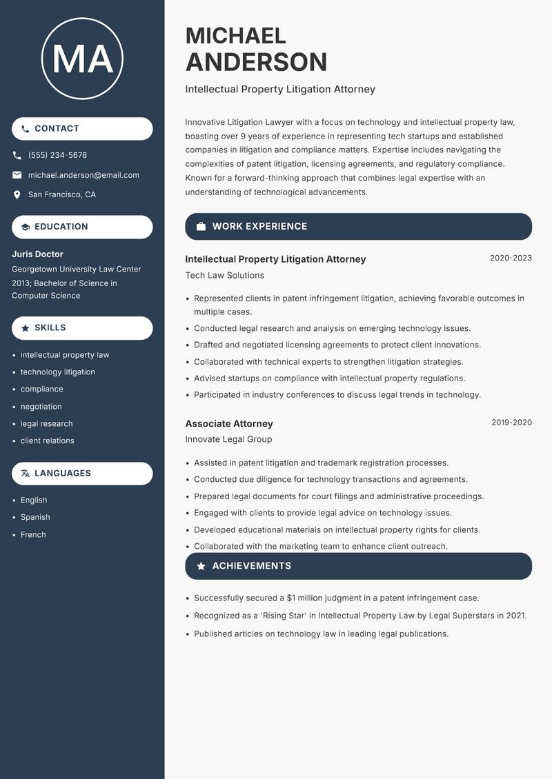 Litigation Lawyer resume template — Compact