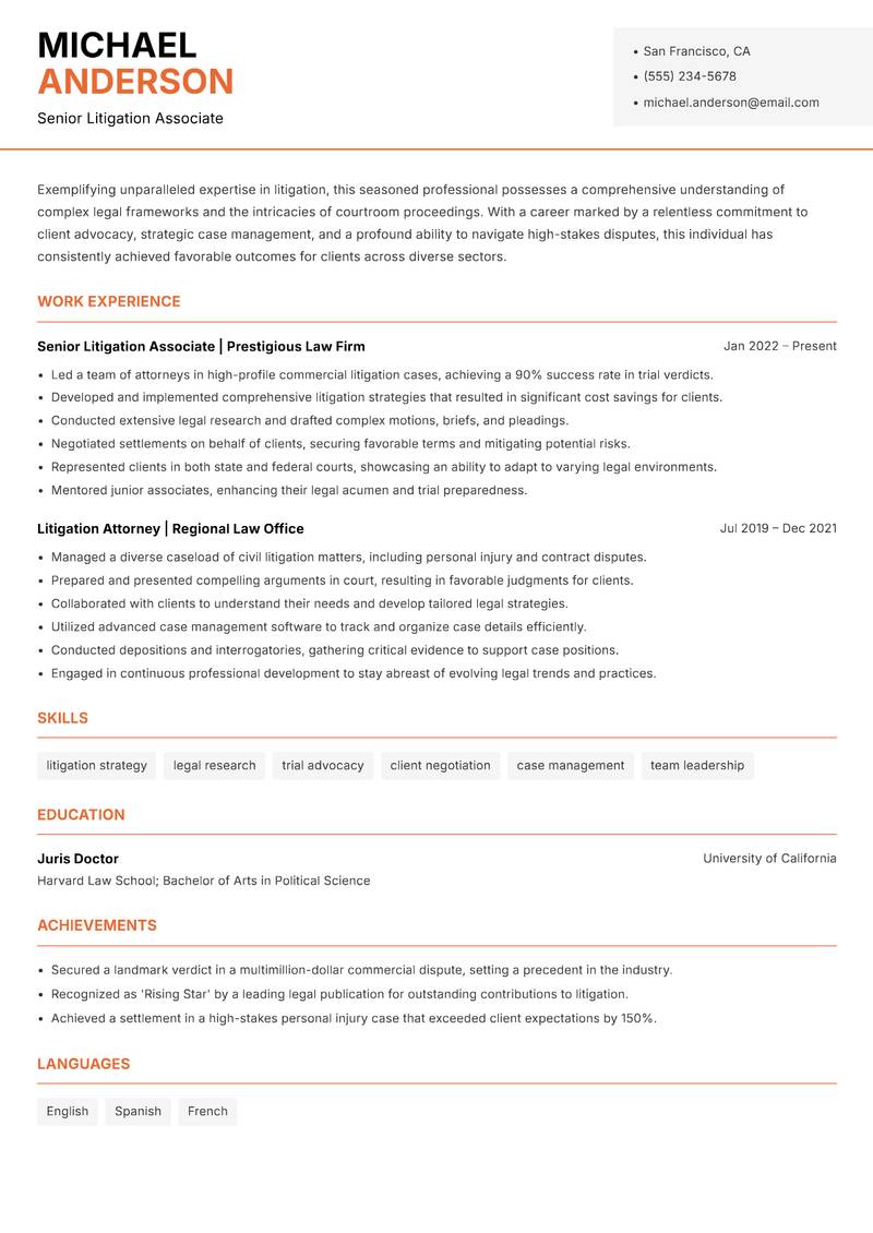 Litigation Lawyer resume template — Modern Professional
