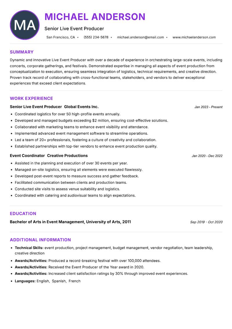 Live Event Producer resume example — ATS-friendly template