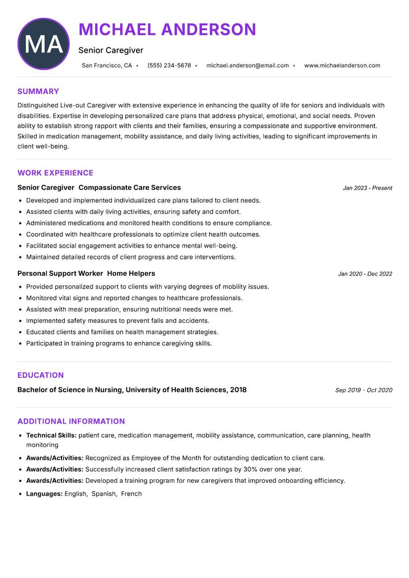 Live-out Caregiver resume example — ATS-friendly template