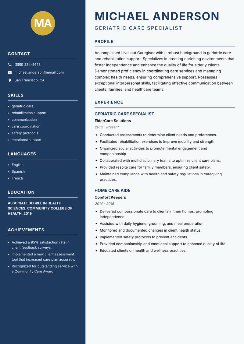 Live-out Caregiver resume template — Classic Clean