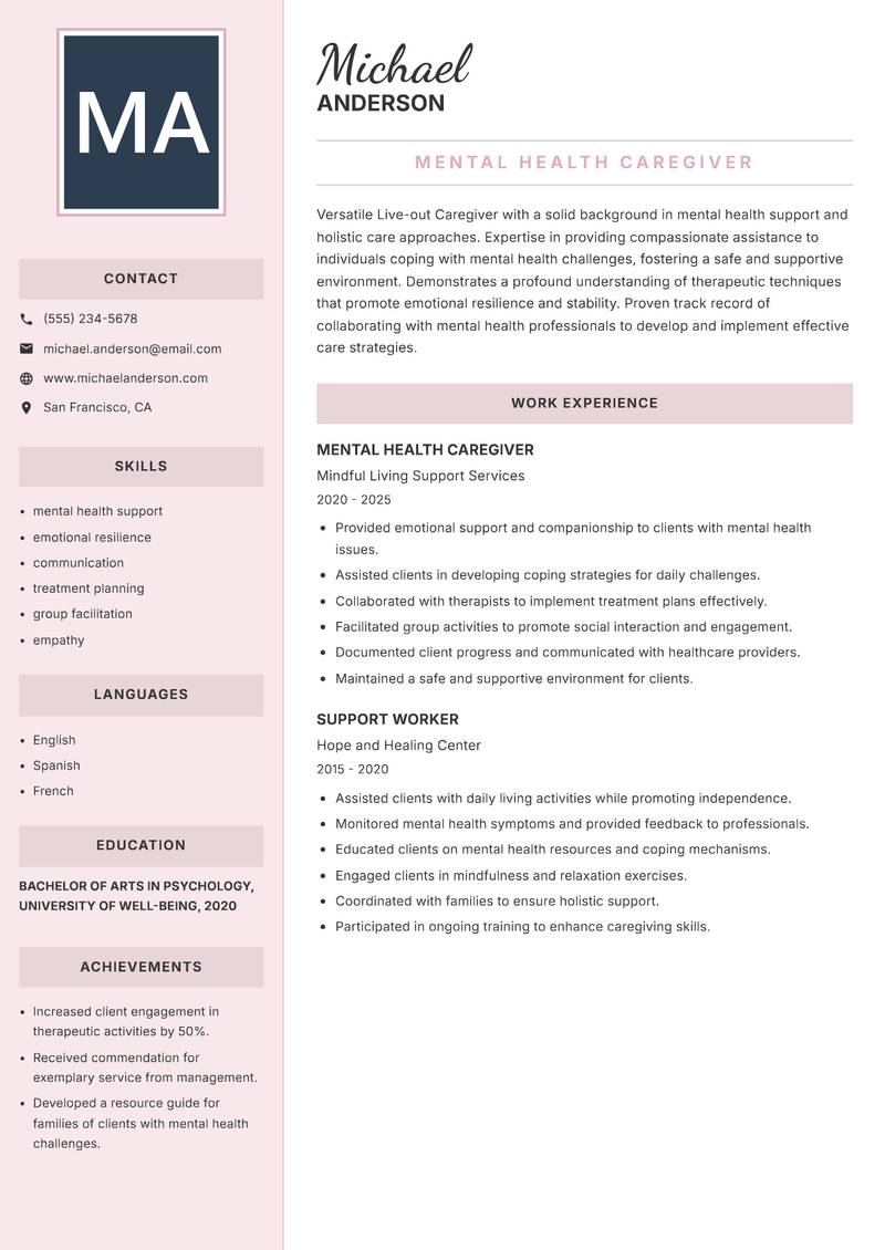 Live-out Caregiver resume template — Executive
