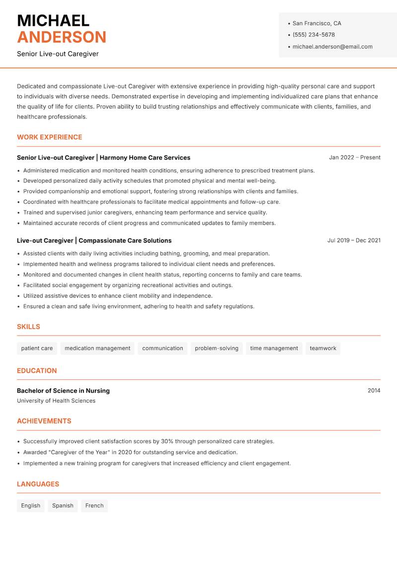 Live-out Caregiver resume template — Modern Professional