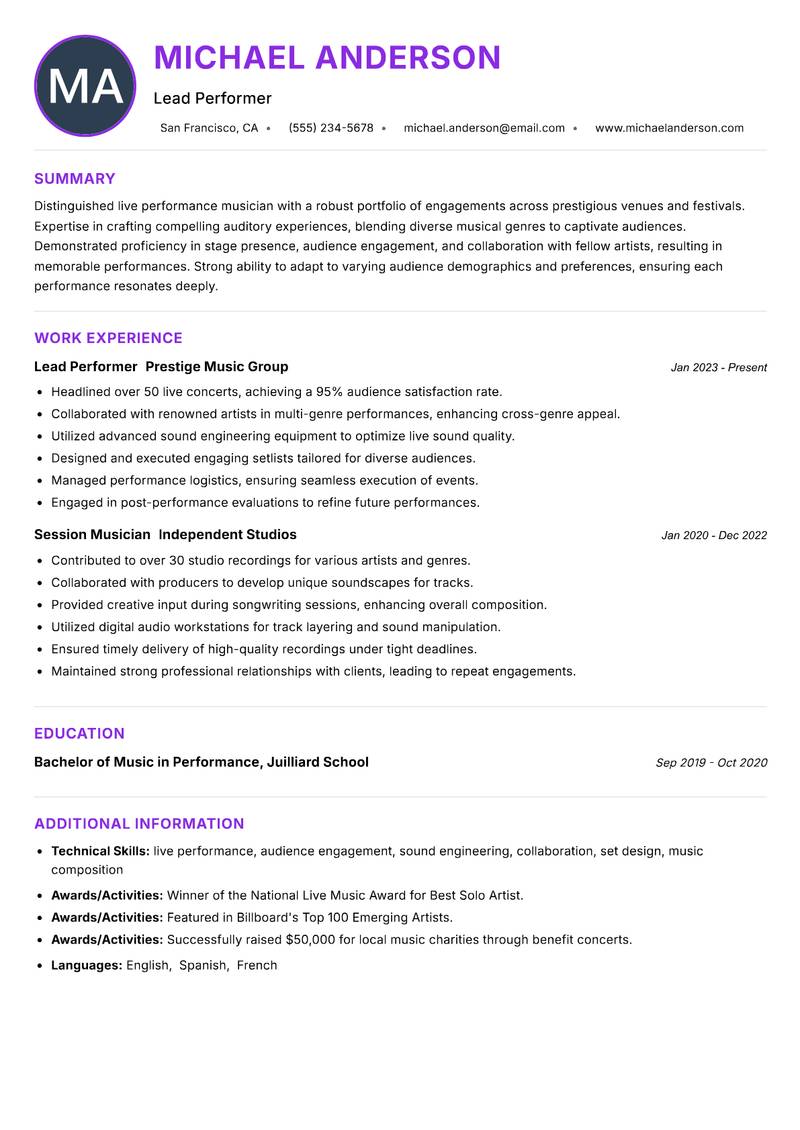 Live Performance Musician resume example — ATS-friendly template