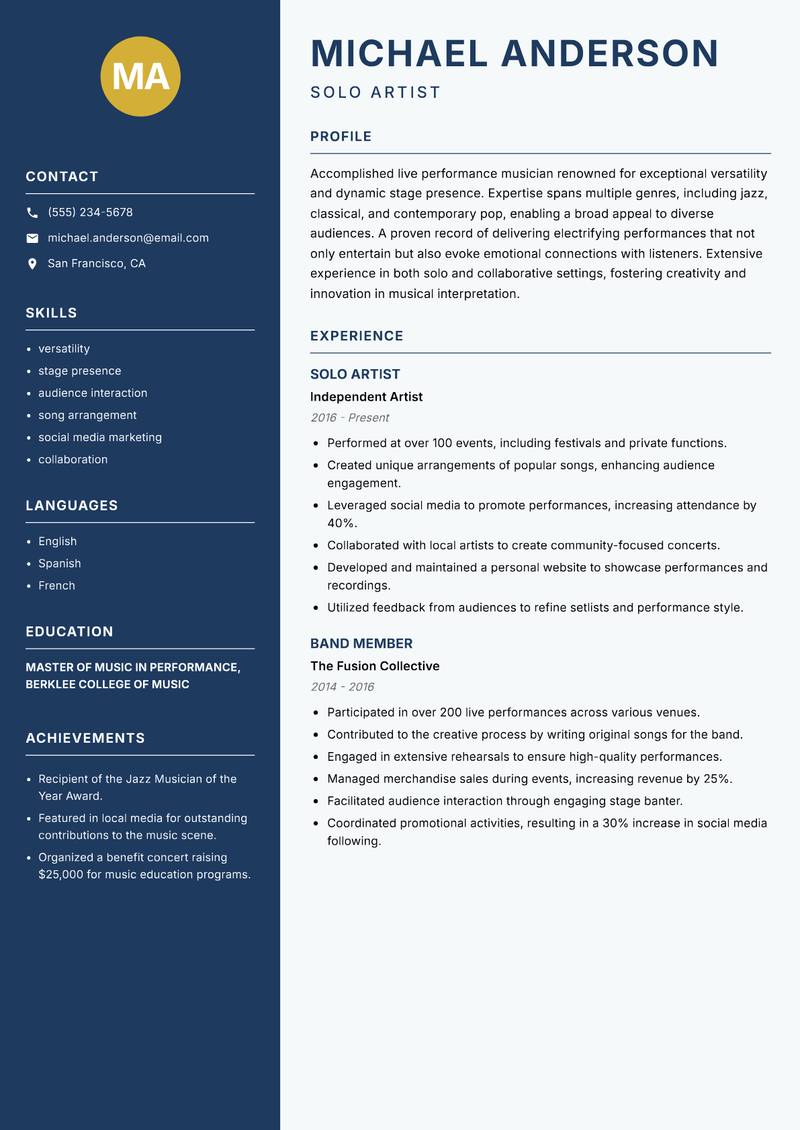 Live Performance Musician resume template — Classic Clean