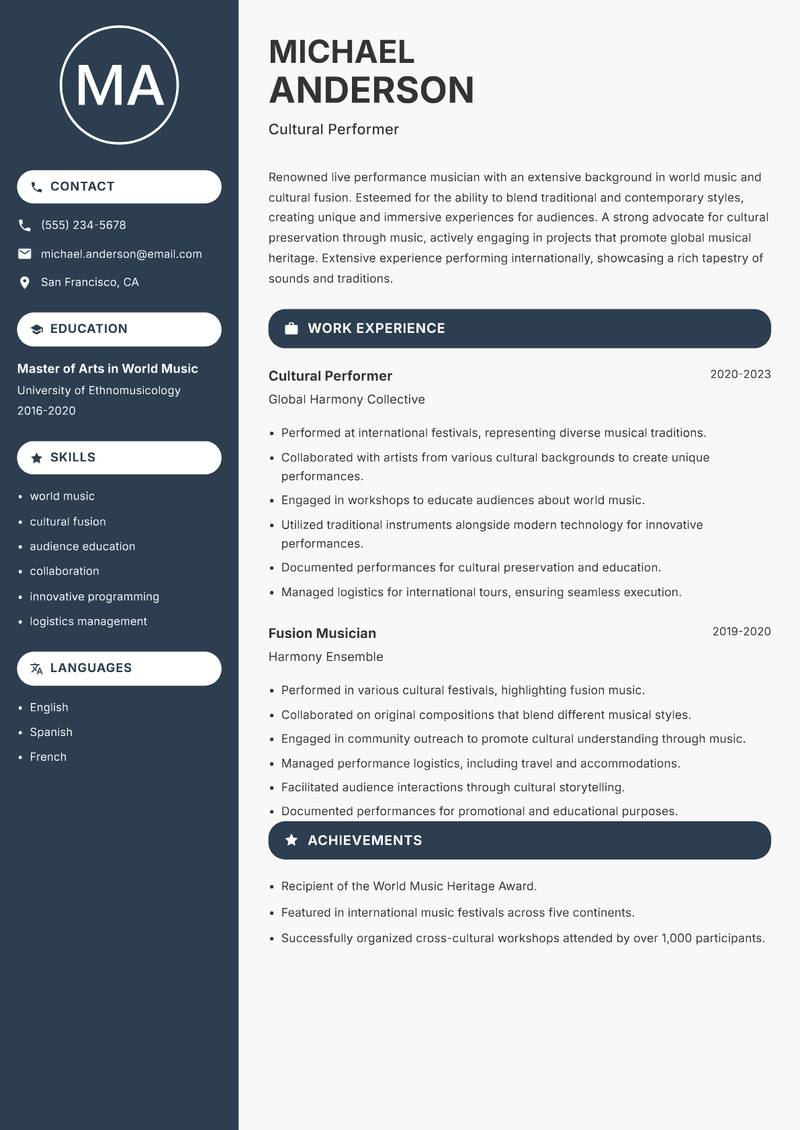 Live Performance Musician resume template — Compact