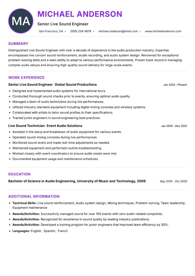 Live Sound Engineer resume example — ATS-friendly template
