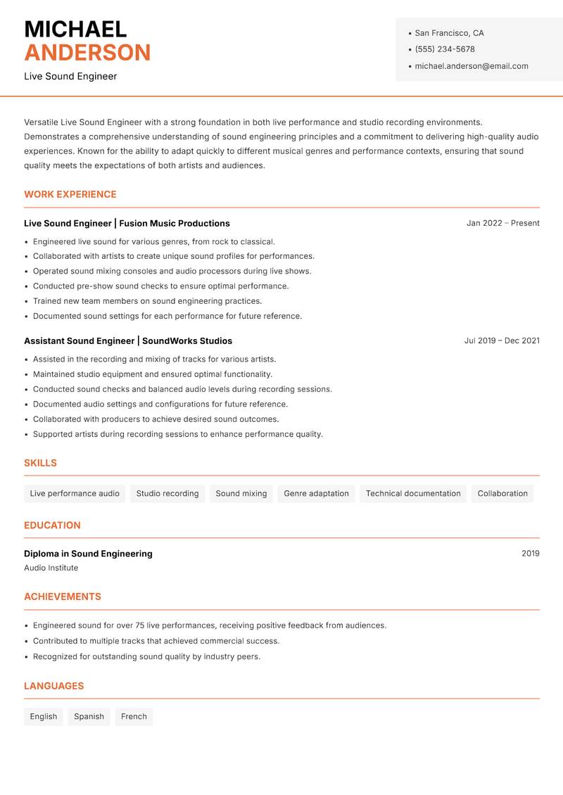 Live Sound Engineer resume template — Modern Professional