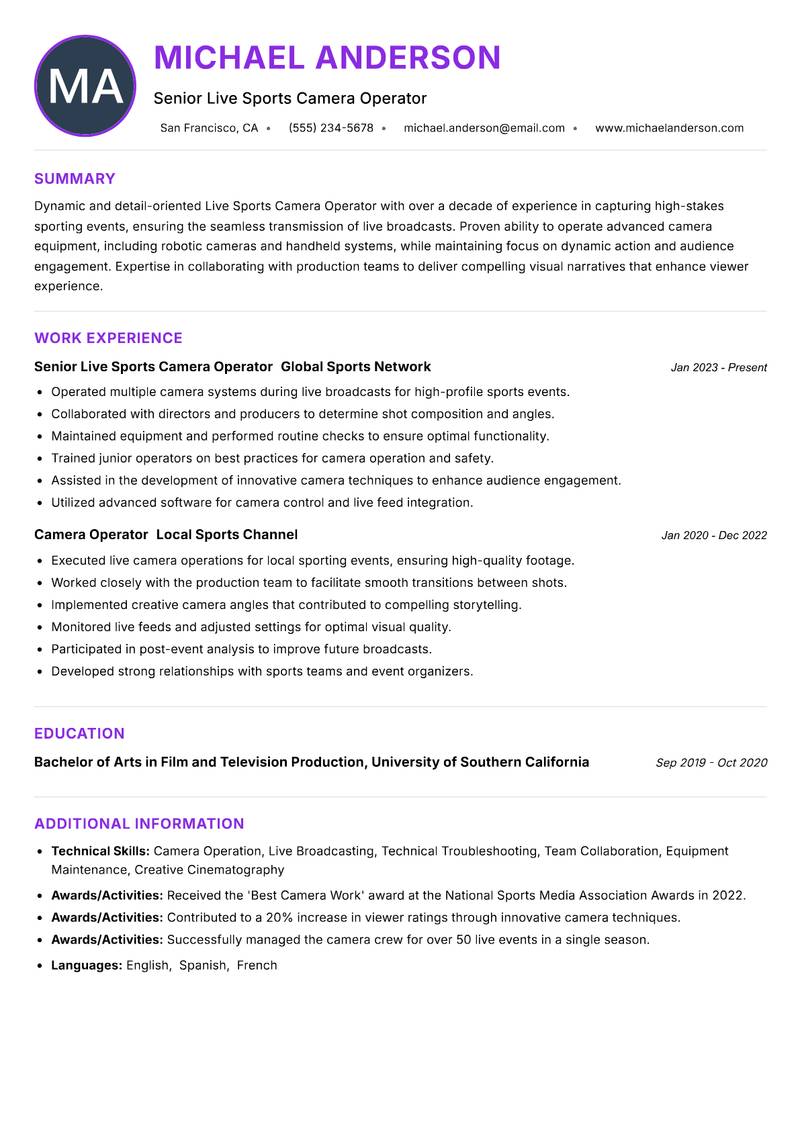 Live Sports Camera Operator resume example — ATS-friendly template