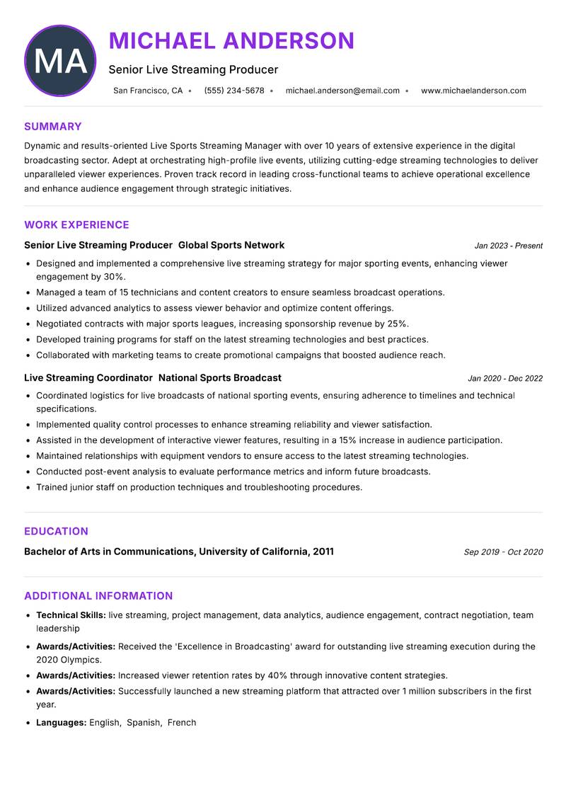 Live Sports Streaming Manager resume example — ATS-friendly template