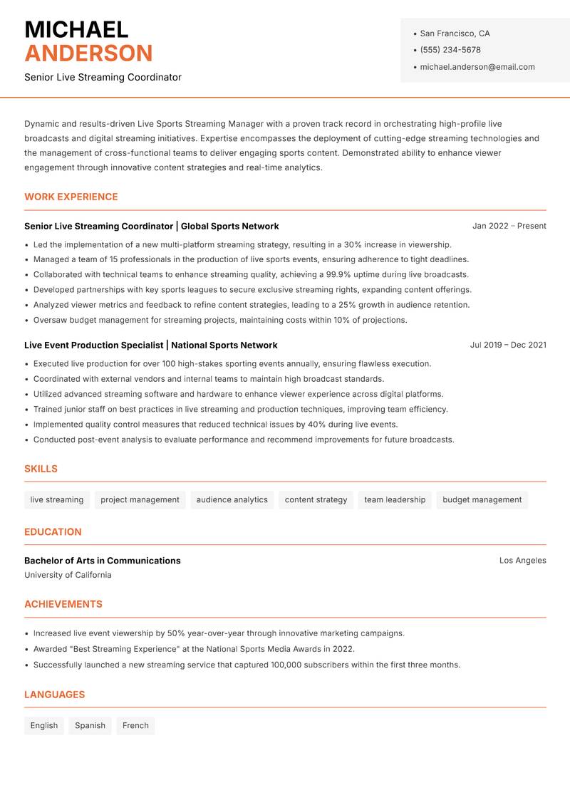 Live Sports Streaming Manager resume template — Modern Professional