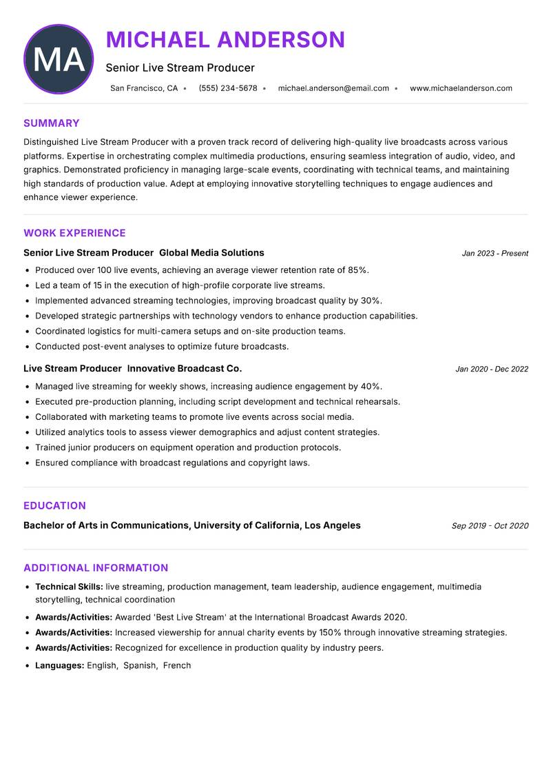 Live Stream Producer resume example — ATS-friendly template