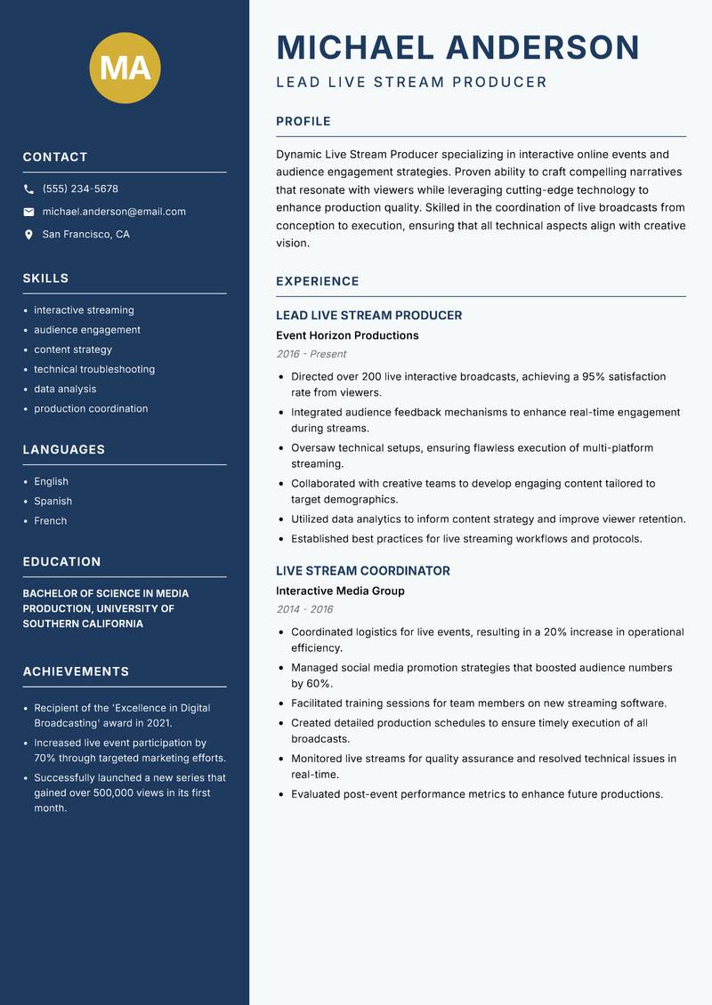 Live Stream Producer resume template — Classic Clean