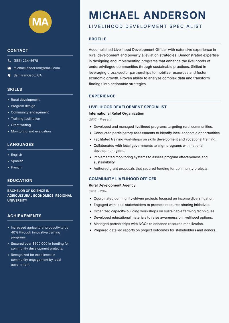 Livelihood Development Officer resume template — Classic Clean