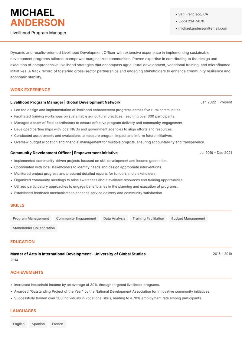 Livelihood Development Officer resume template — Modern Professional