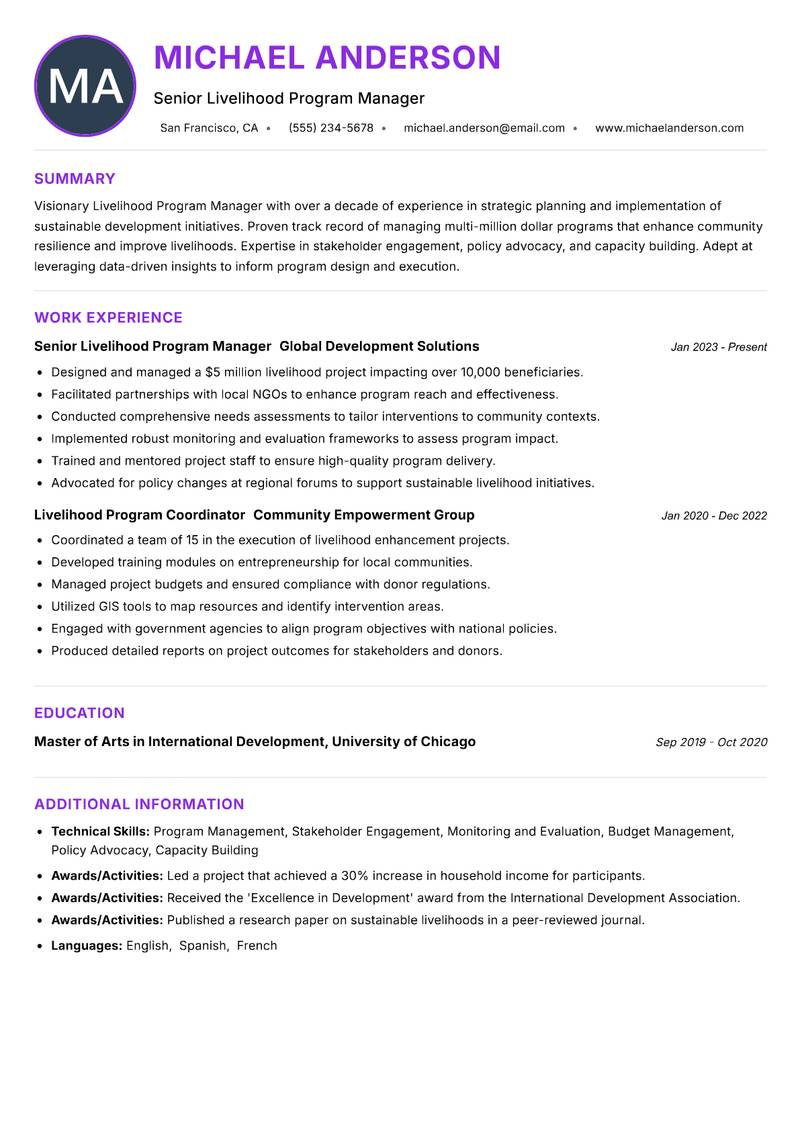 Livelihood Program Manager resume example — ATS-friendly template