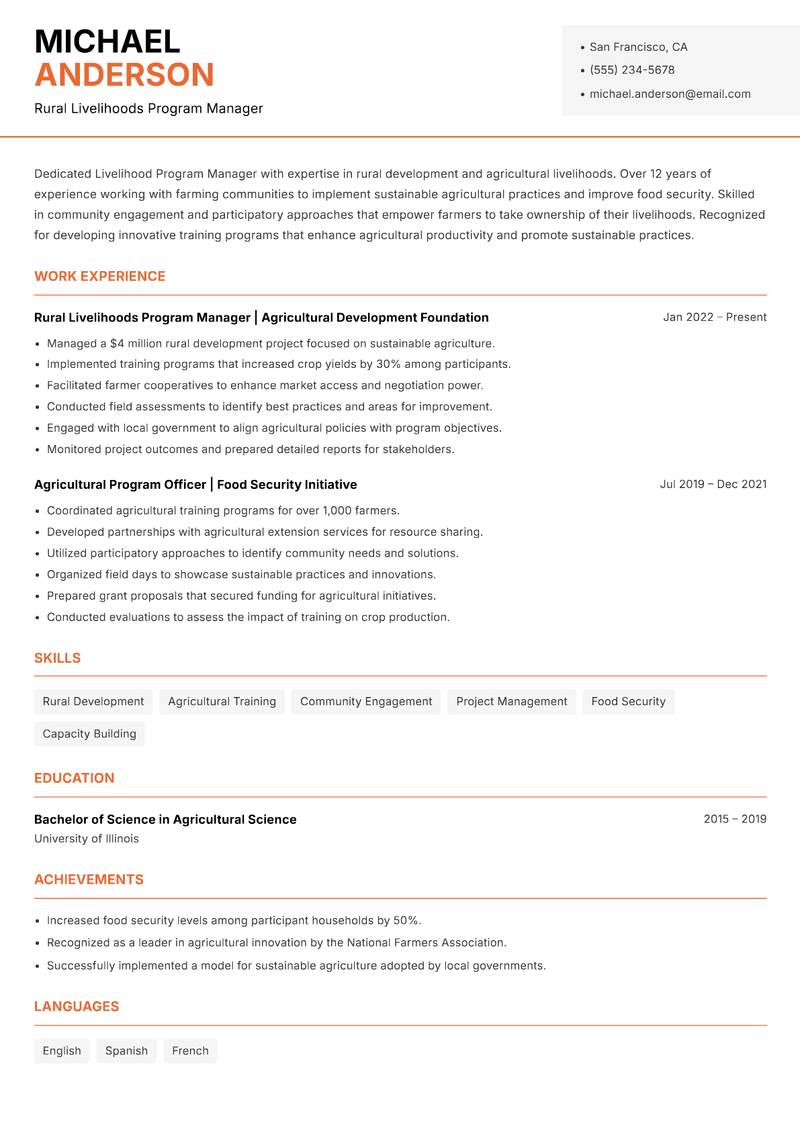 Livelihood Program Manager resume template — Modern Professional