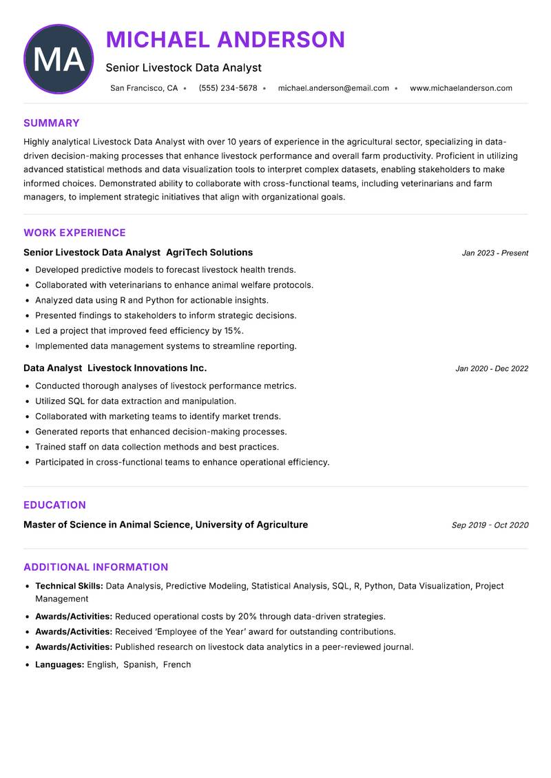 Livestock Data Analyst resume example — ATS-friendly template