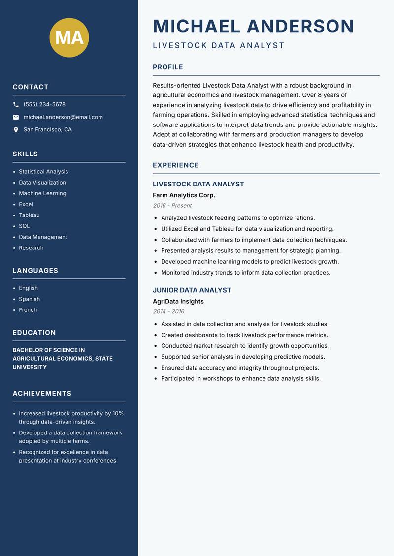 Livestock Data Analyst resume template — Classic Clean