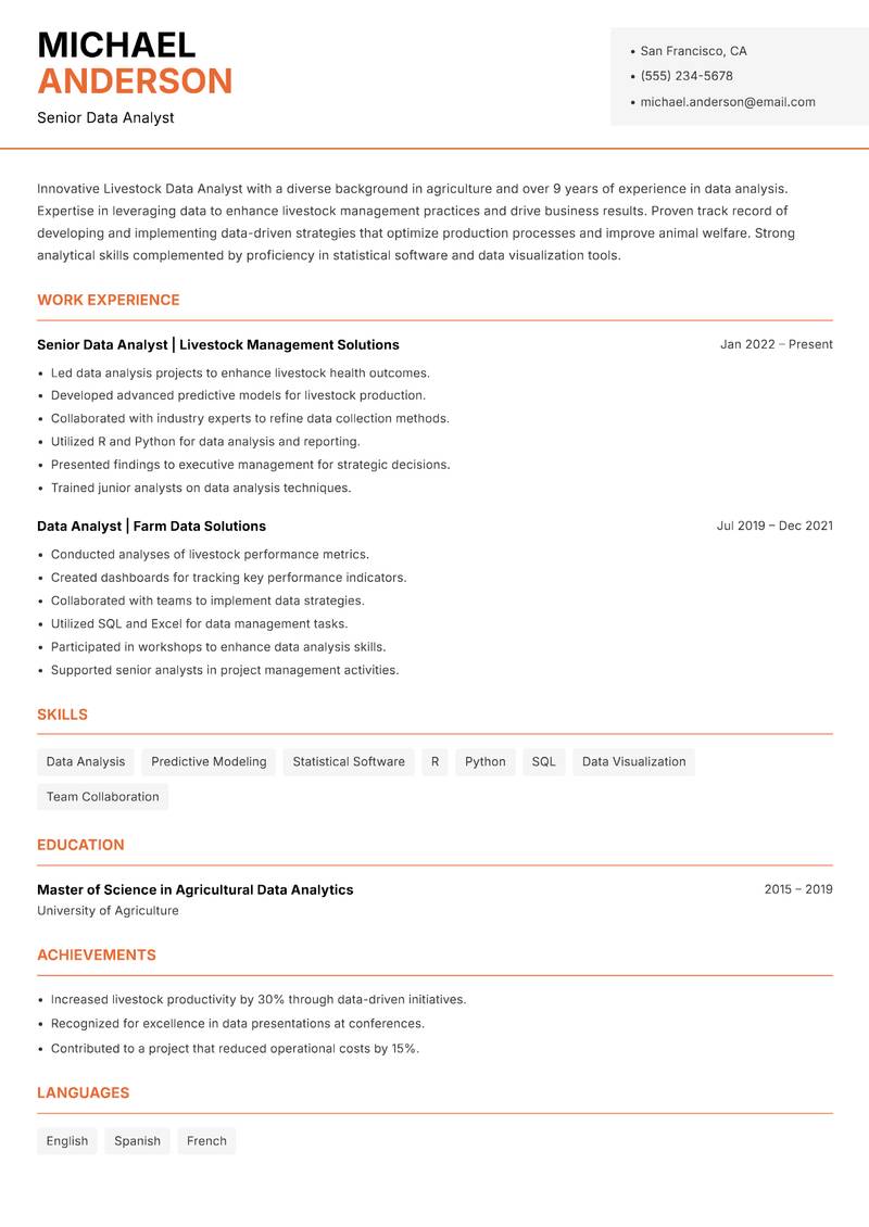 Livestock Data Analyst resume template — Modern Professional