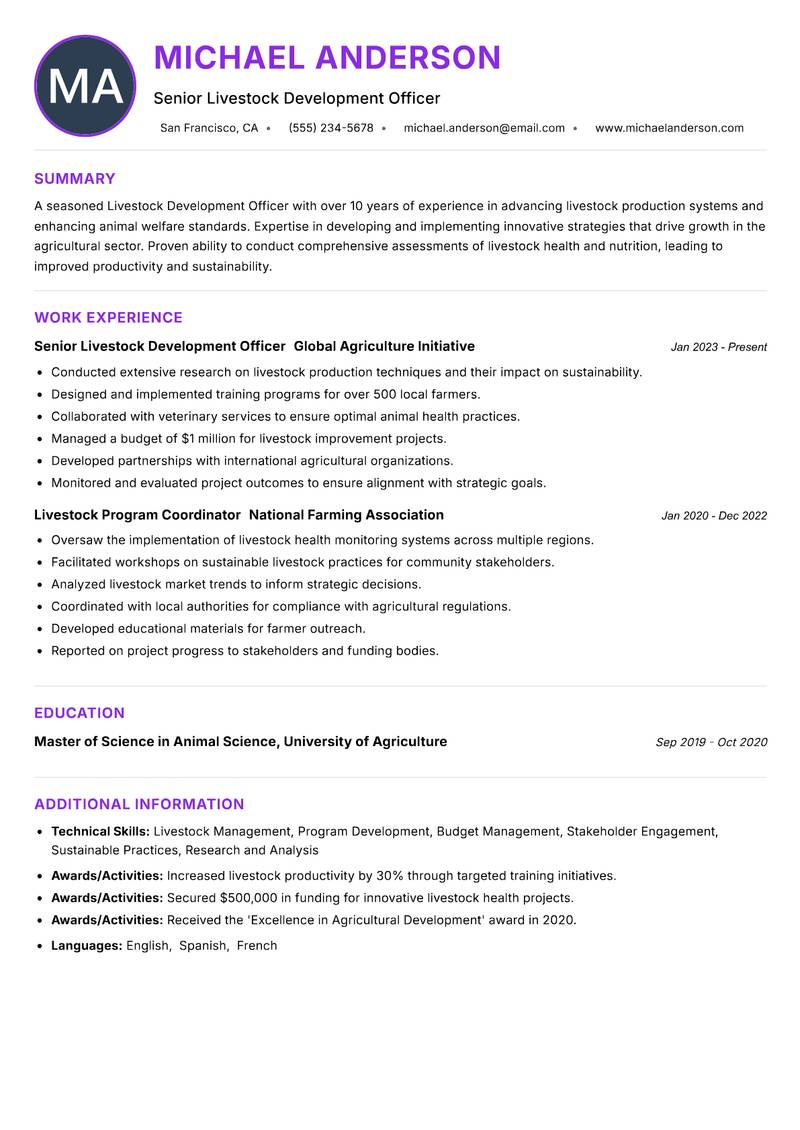 Livestock Development Officer resume example — ATS-friendly template