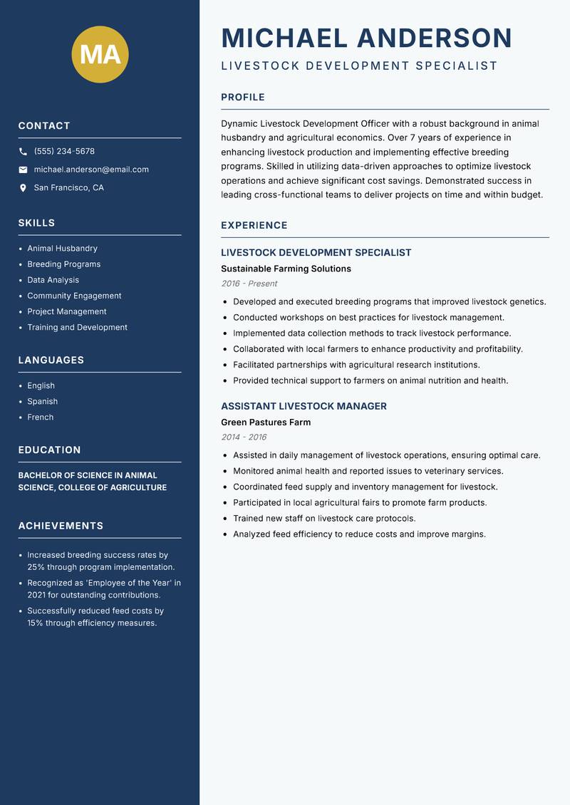 Livestock Development Officer resume template — Classic Clean