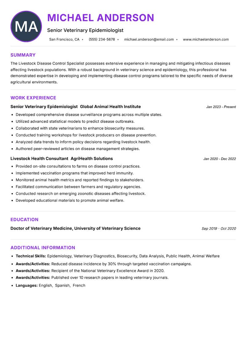 Livestock Disease Control Specialist resume example — ATS-friendly template