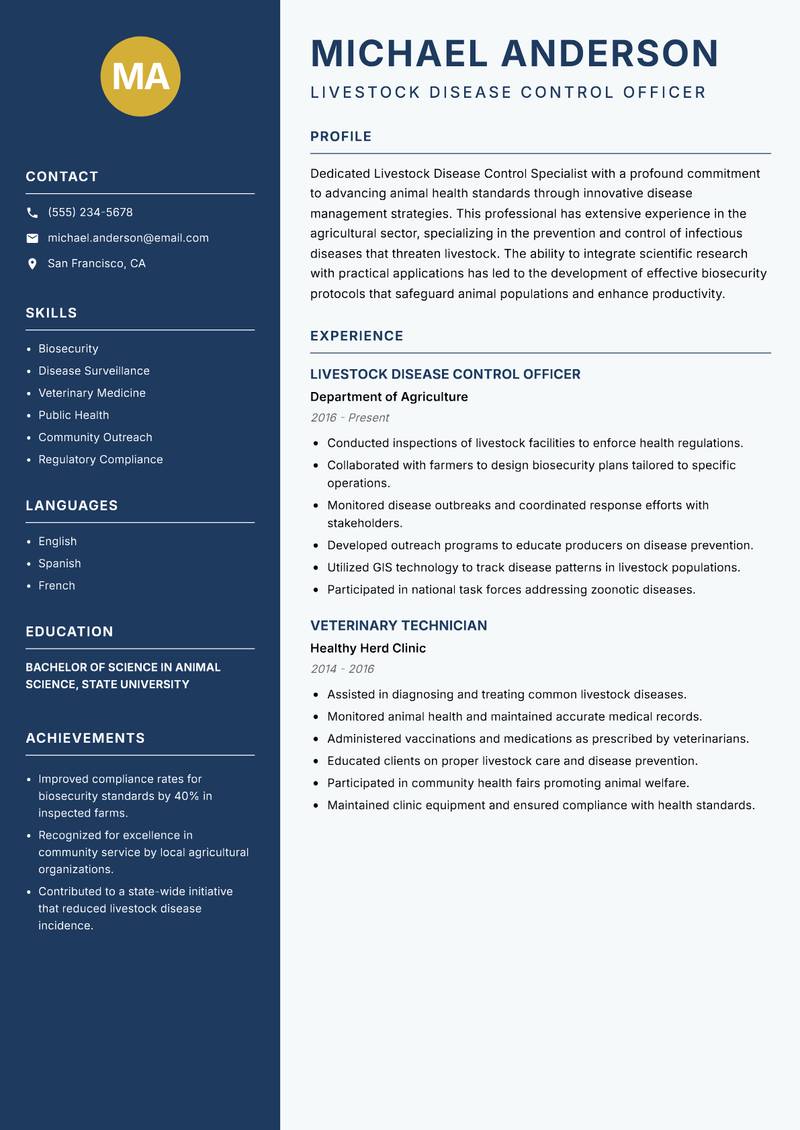 Livestock Disease Control Specialist resume template — Classic Clean