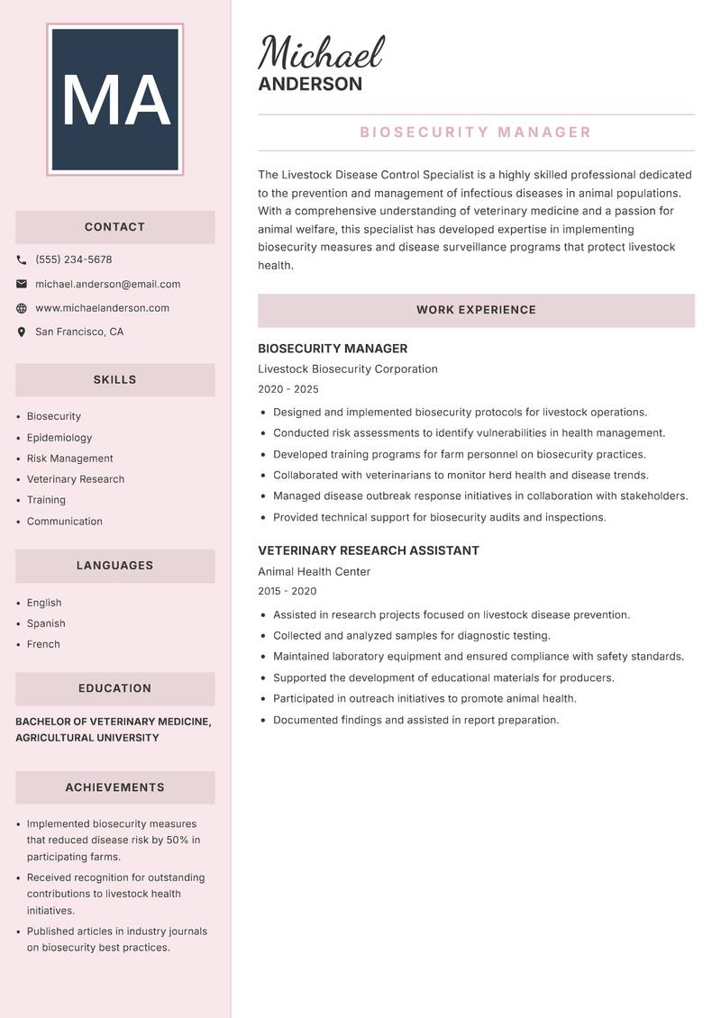 Livestock Disease Control Specialist resume template — Executive