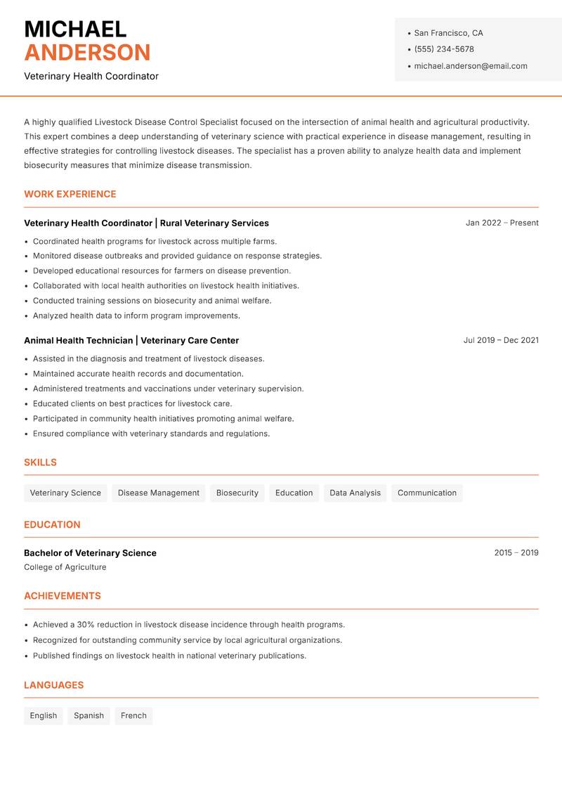 Livestock Disease Control Specialist resume template — Modern Professional