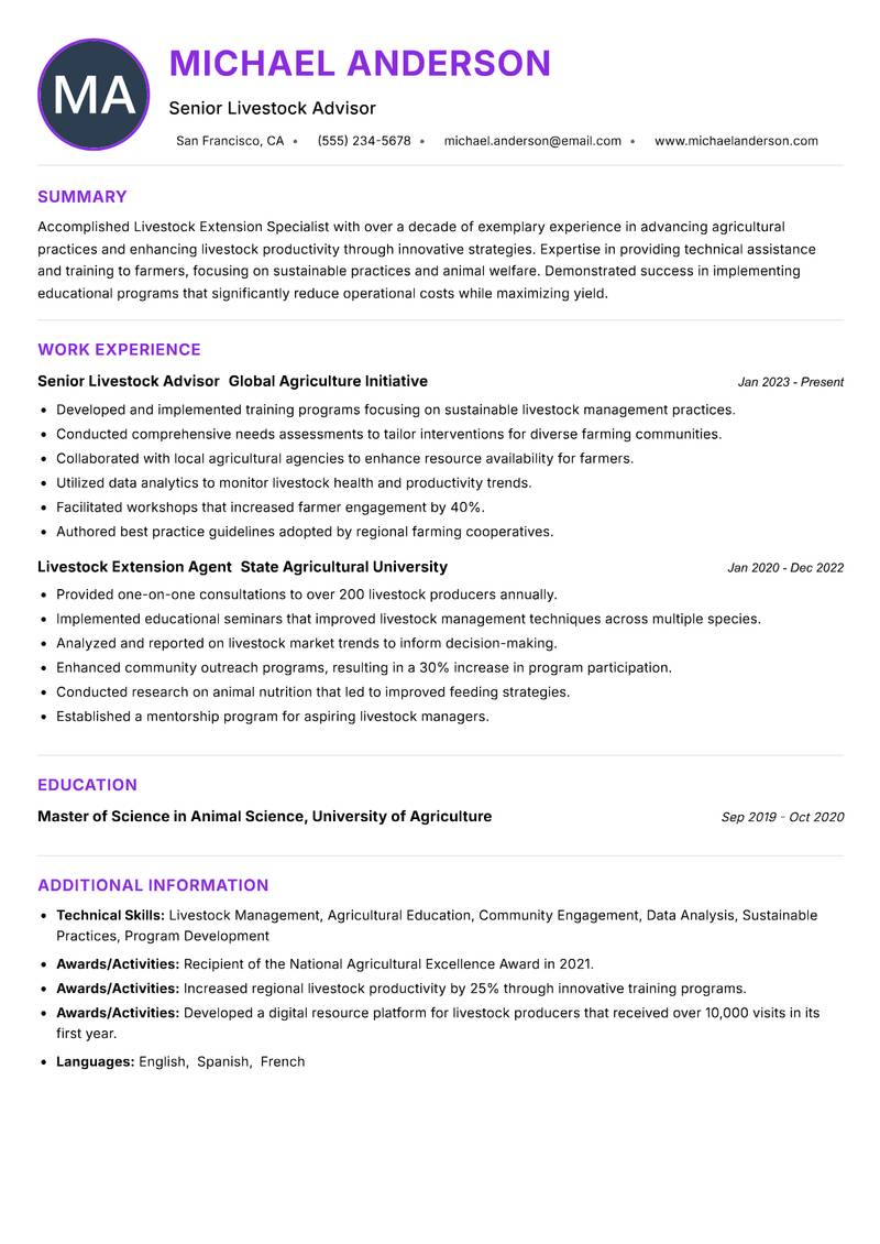 Livestock Extension Specialist resume example — ATS-friendly template