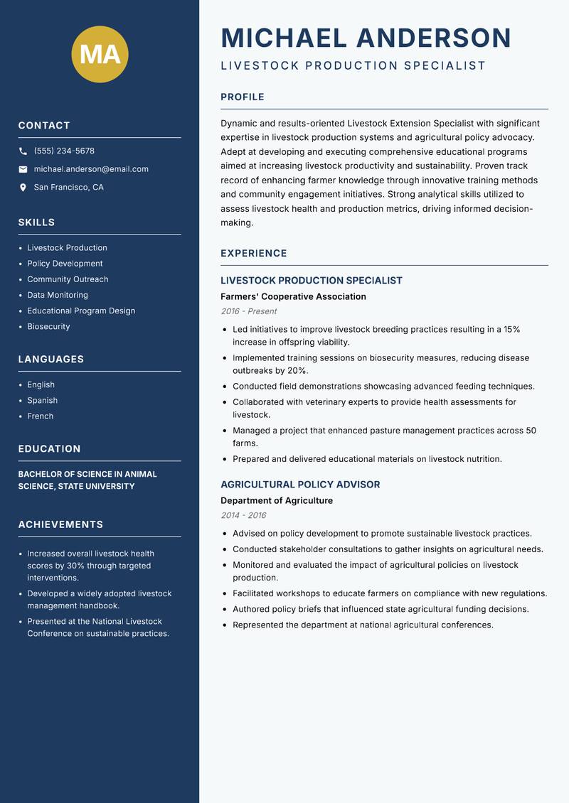 Livestock Extension Specialist resume template — Classic Clean