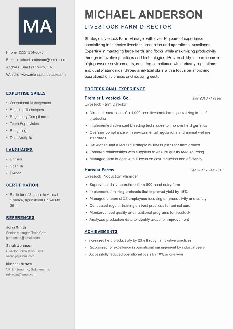 Livestock Farm Manager resume template — Creative Minimal