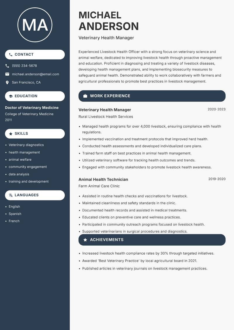 Livestock Health Officer resume template — Compact