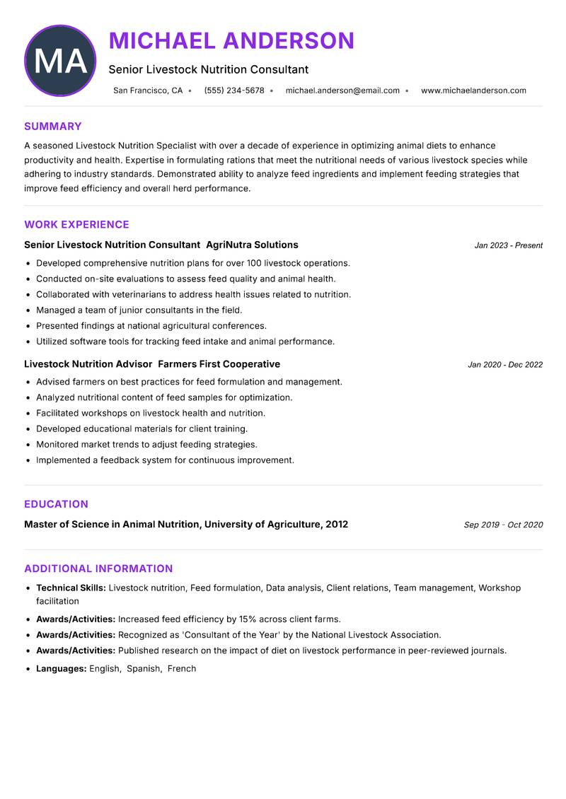 Livestock Nutrition Specialist resume example — ATS-friendly template