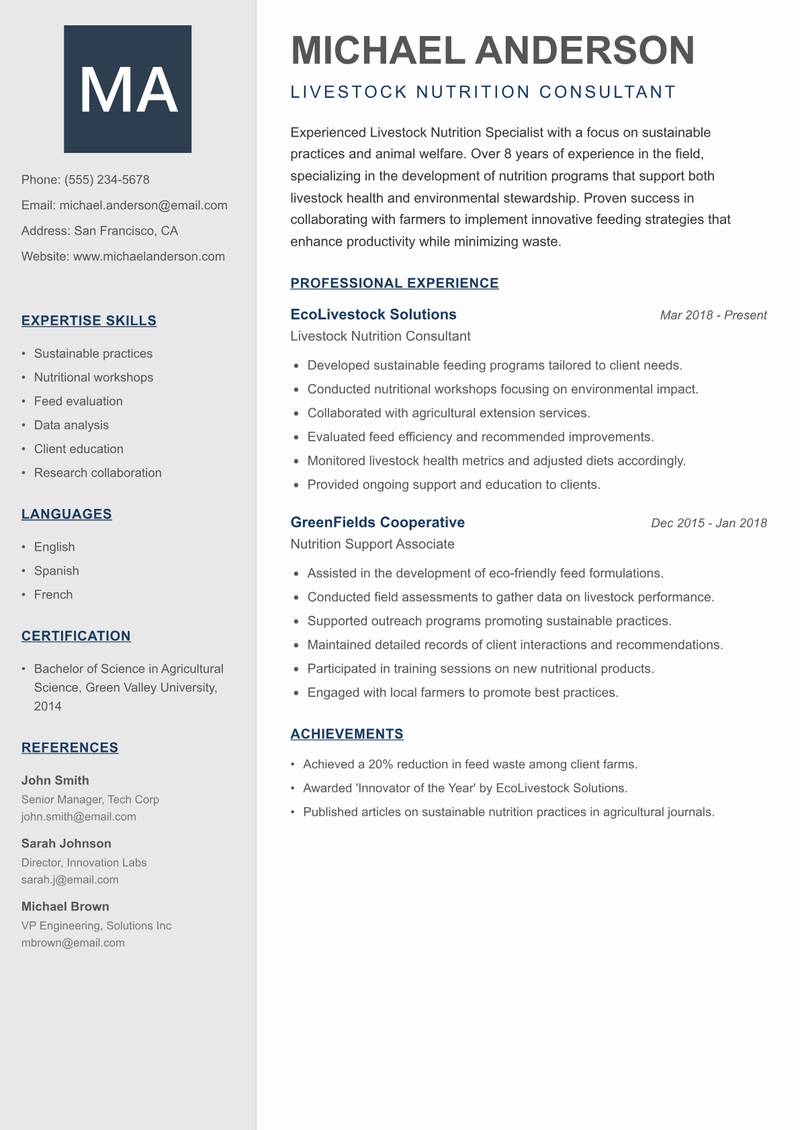 Livestock Nutrition Specialist resume template — Creative Minimal
