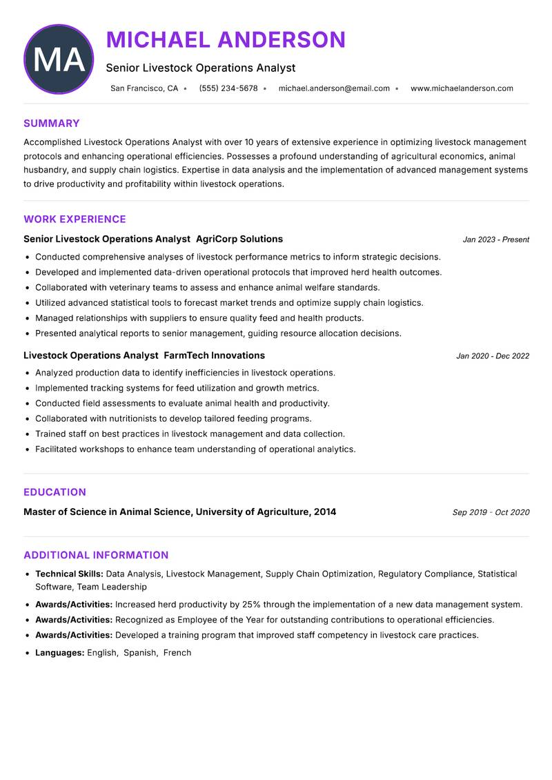Livestock Operations Analyst resume example — ATS-friendly template