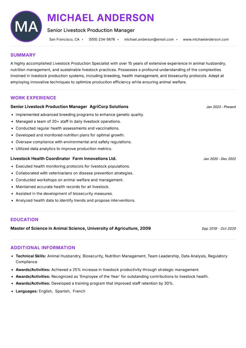 Livestock Production Specialist resume example — ATS-friendly template